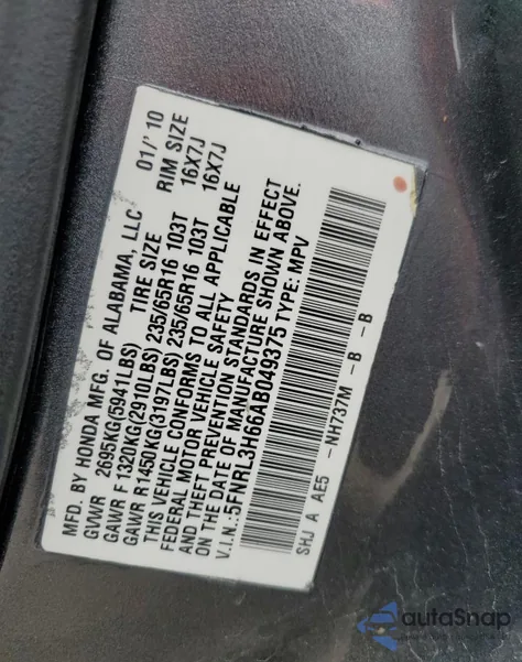 2010 Honda Odyssey Exl из США, поврежденный, VIN 5FNRL3H66AB049375